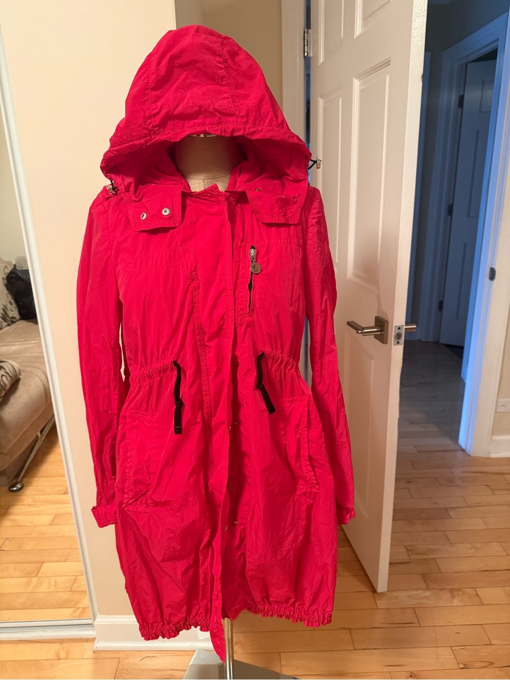 Moncler Bright Red Hooded Cinch-Waist Trench Coat